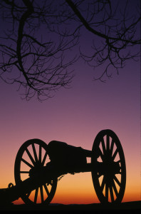 War Memorial Wheeled Cannon Military Civil War Weapon Dusk Sunset
