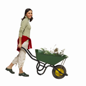 portrait of a woman pushing a wheelbarrow