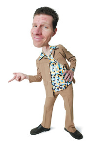 photo caricature of a desperate caucasian man in a polyester suit and retro shirt as he leans over and points