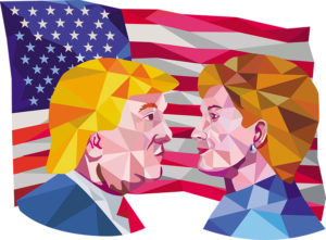 Illustration showing Republican Donald Trump versus Democrat Hillary Clinto face-off for American president with USA flag in background done in low polygon art style.